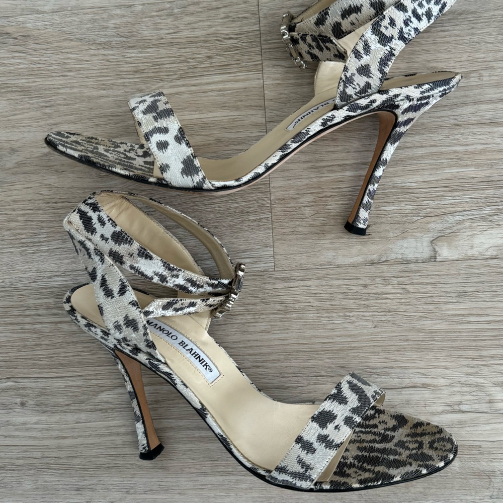 Manolo Blahnik Leopard Print Heels w/ Ankle Strap and Crystal Buckles - EU 39